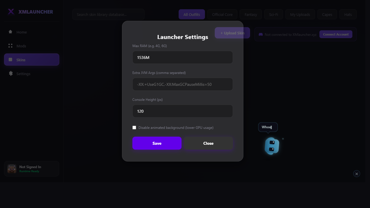 XMlauncher settings with performance controls